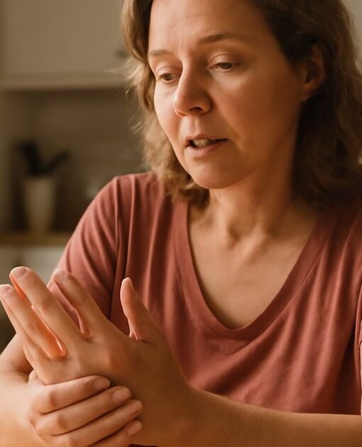 Middle-aged woman managing rheumatoid arthritis symptoms at home