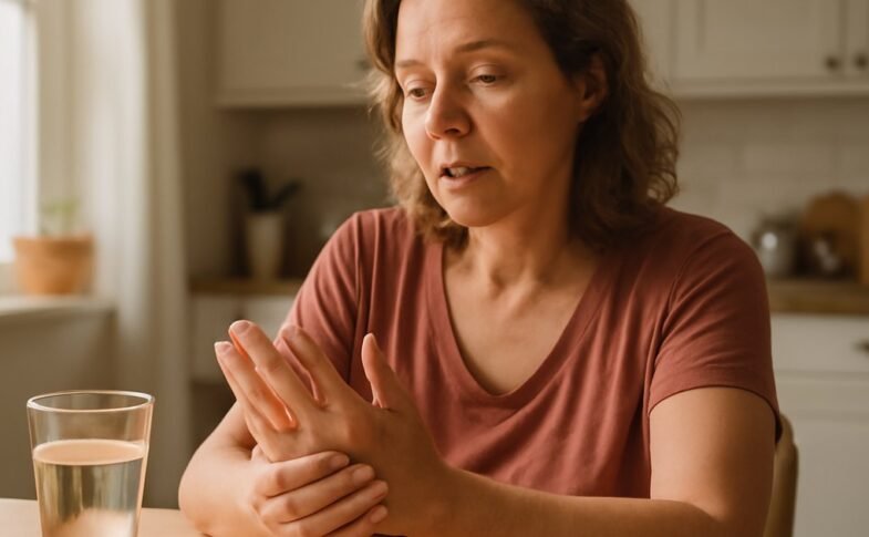 Middle-aged woman managing rheumatoid arthritis symptoms at home