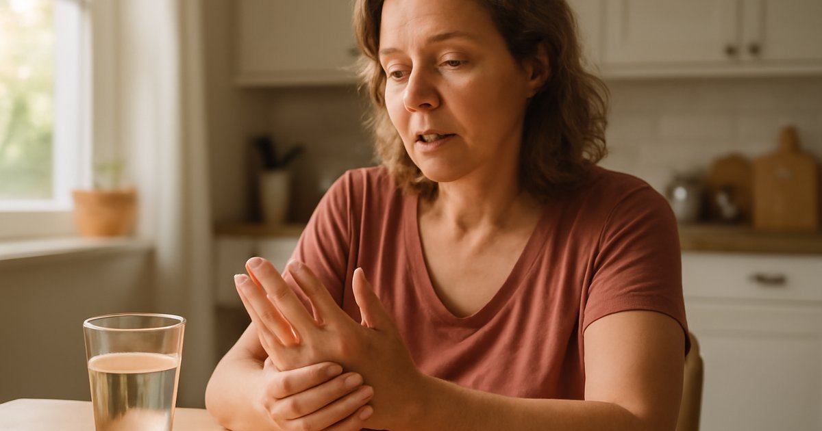 Middle-aged woman managing rheumatoid arthritis symptoms at home