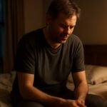 Middle-aged adult sitting awake at the edge of a bed at night, struggling with grief-related insomnia