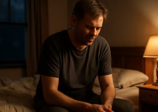 Middle-aged adult sitting awake at the edge of a bed at night, struggling with grief-related insomnia