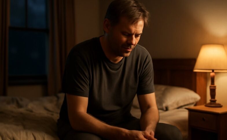 Middle-aged adult sitting awake at the edge of a bed at night, struggling with grief-related insomnia