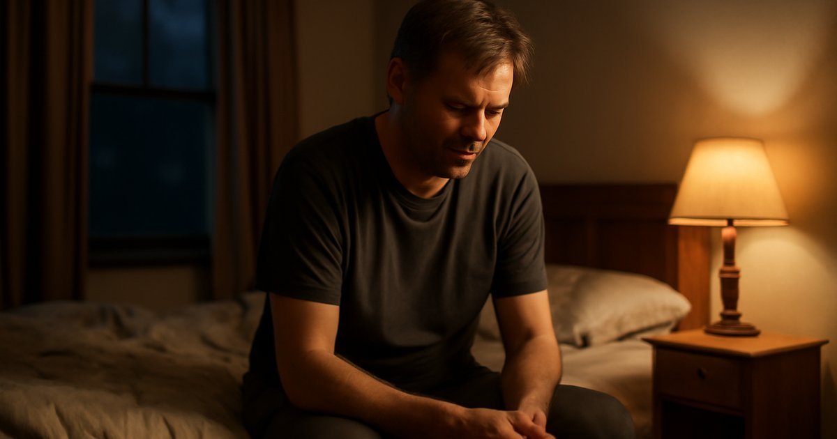 Middle-aged adult sitting awake at the edge of a bed at night, struggling with grief-related insomnia