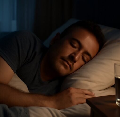 Adult sleeping peacefully in a dark bedroom representing sleep and hormone health connection