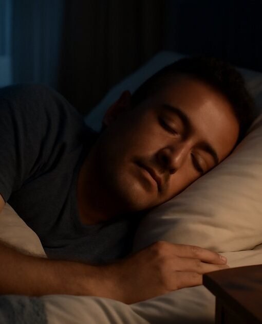 Adult sleeping peacefully in a dark bedroom representing sleep and hormone health connection