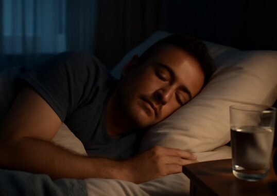 Adult sleeping peacefully in a dark bedroom representing sleep and hormone health connection