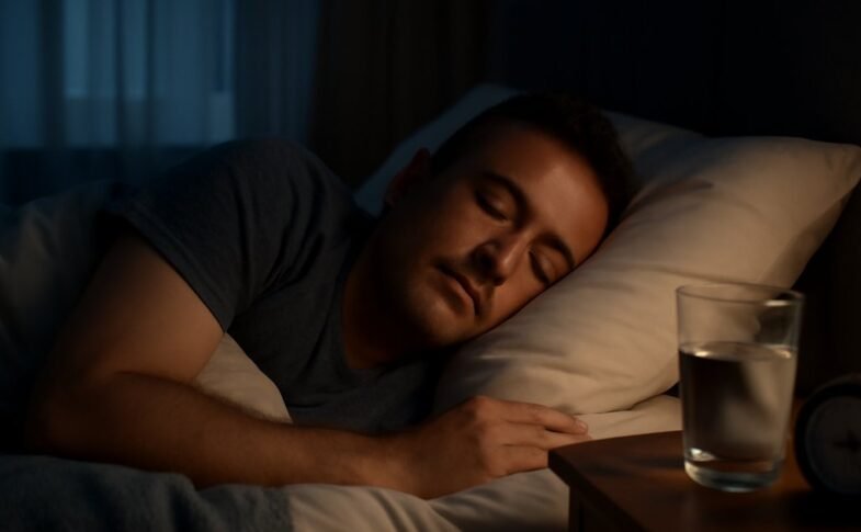 Adult sleeping peacefully in a dark bedroom representing sleep and hormone health connection