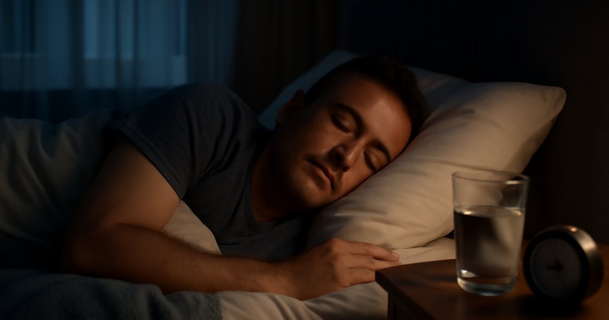 Adult sleeping peacefully in a dark bedroom representing sleep and hormone health connection