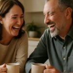 Two adults over 40 laughing together over coffee, representing social health habits for well-being