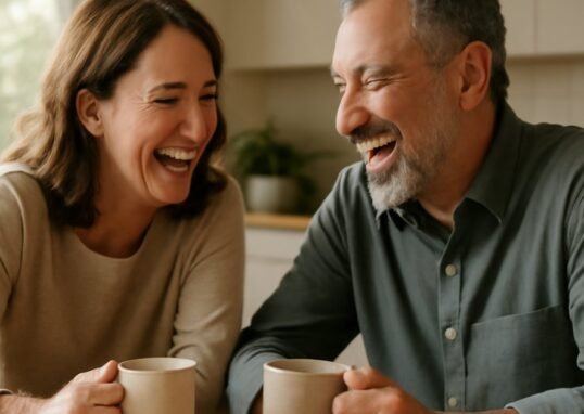 Two adults over 40 laughing together over coffee, representing social health habits for well-being