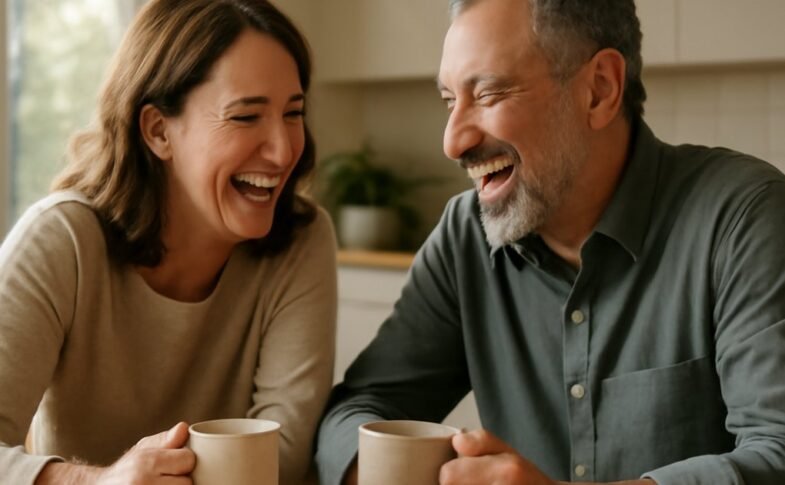 Two adults over 40 laughing together over coffee, representing social health habits for well-being