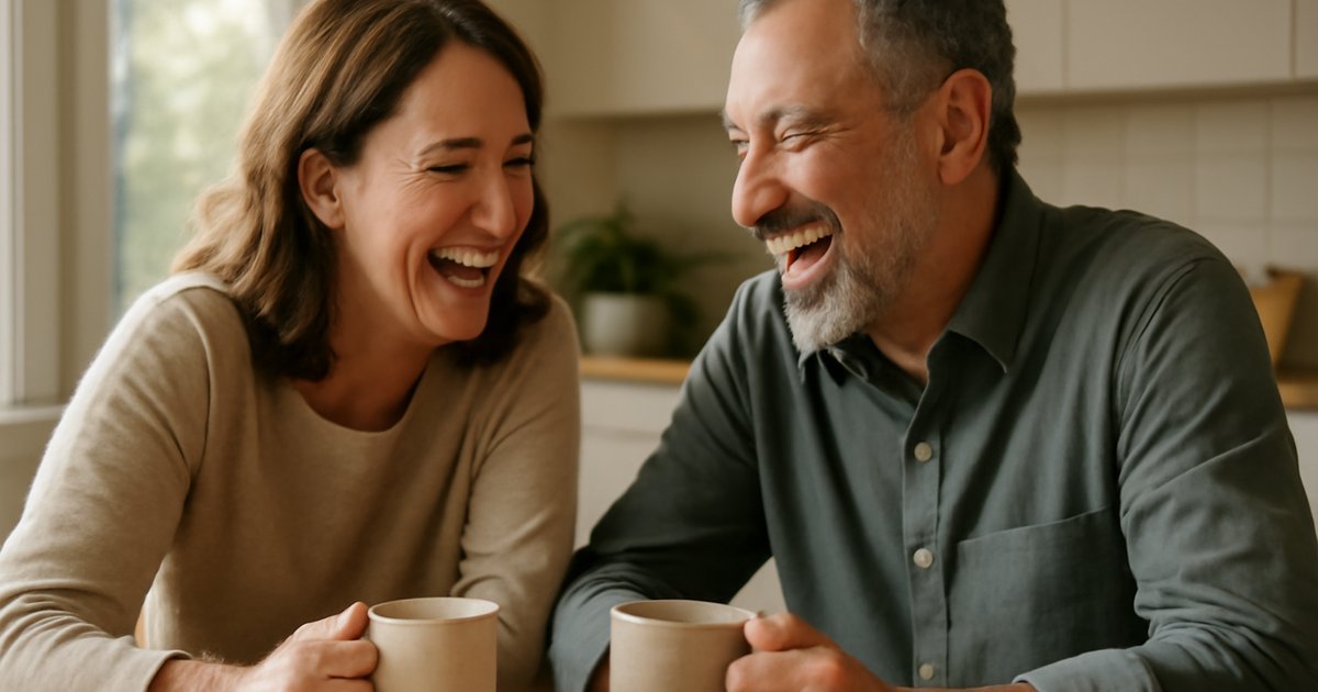 Two adults over 40 laughing together over coffee, representing social health habits for well-being
