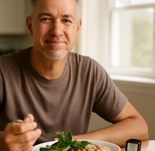Middle-aged adult managing type 2 diabetes with a healthy meal and blood glucose monitor on a kitchen table