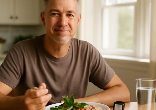 Middle-aged adult managing type 2 diabetes with a healthy meal and blood glucose monitor on a kitchen table