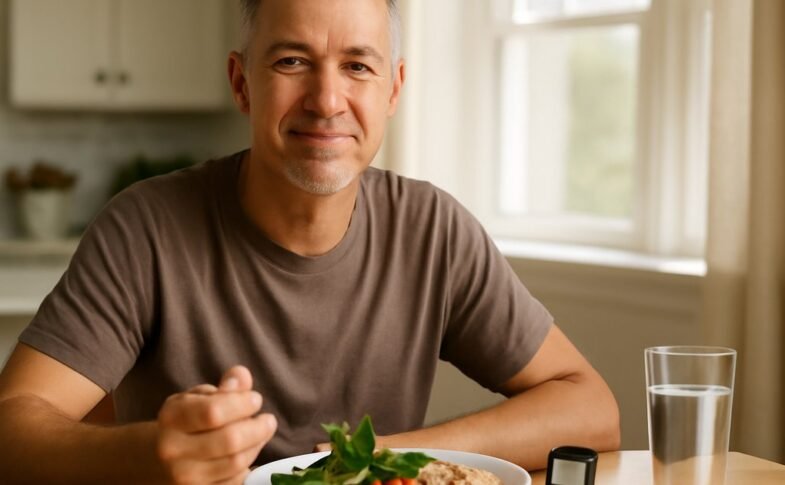 Middle-aged adult managing type 2 diabetes with a healthy meal and blood glucose monitor on a kitchen table