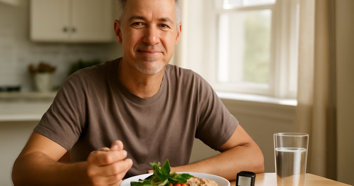 Middle-aged adult managing type 2 diabetes with a healthy meal and blood glucose monitor on a kitchen table